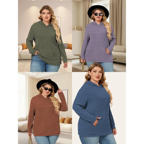 Plus Size Hoodie Women Casual Ribbed Knit Long Sleeve Pullover Sweatshirt - Picture 5 of 5